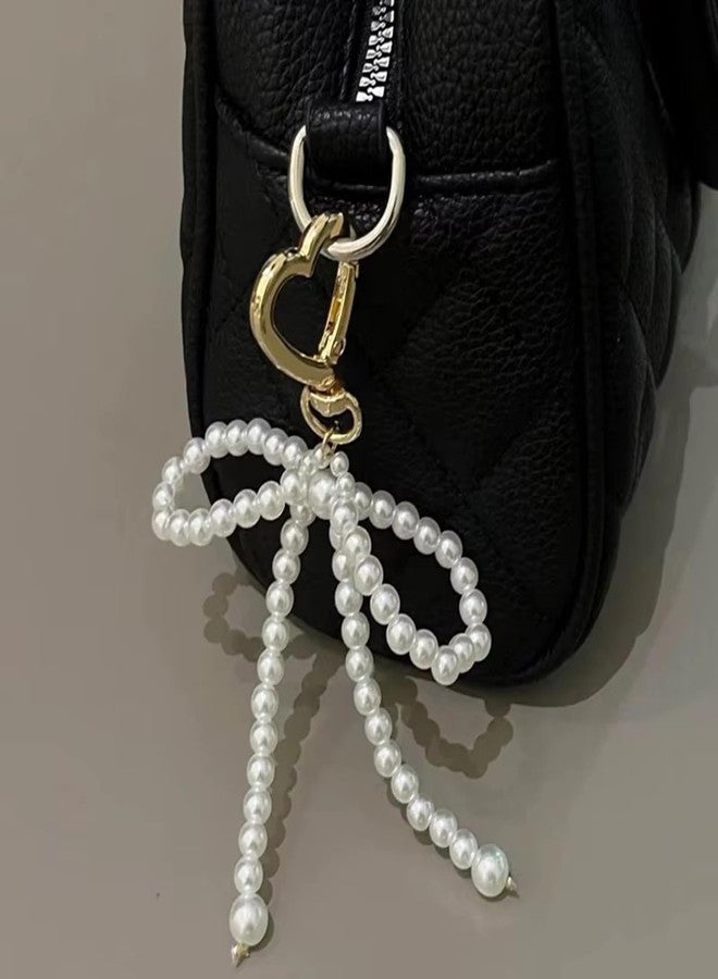 Spenlly Pearl Bow Bag Charm, Cute Pearl Keychain Car Keyring Purse Charm Decoration for Women Girls (Gold) - Image 2